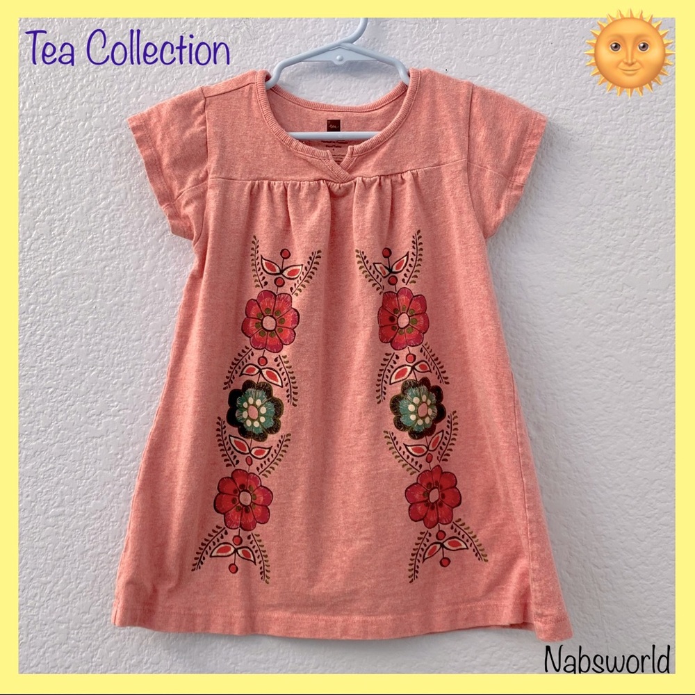 TEA COLLECTION PINK/FLORAL SPLIT NECK SHORT SLEEVES DRESS! 🌞